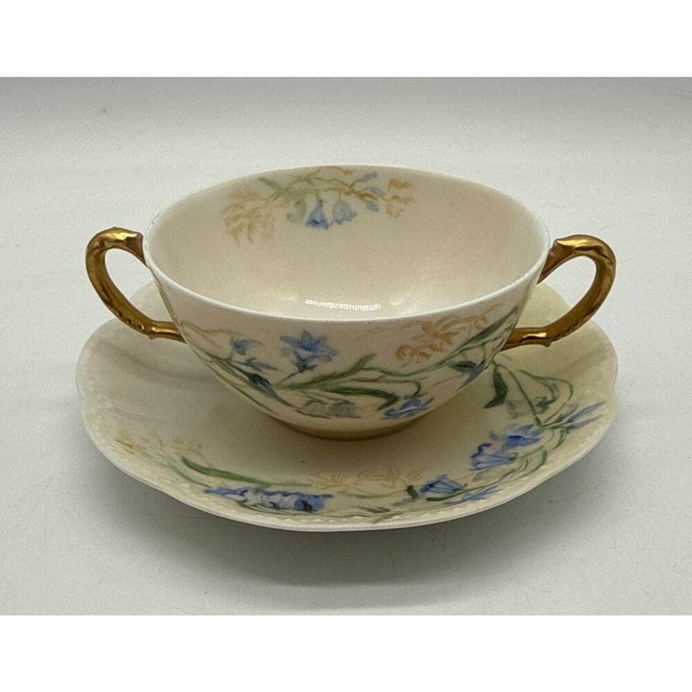 Haviland France Blue Floral 2 Handle Tea Cup And Saucer Gold Handles